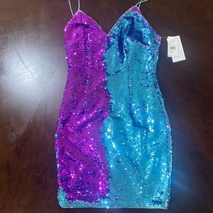 Spaghetti strap blue and purple sequin dress.